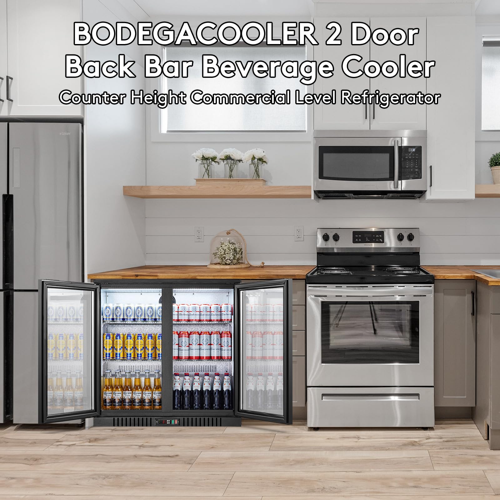 BODEGACOOLER Back Bar Cooler With 2 Glass Doors,Under Counter Back Bar Refrigerator 7.4 Cu.Ft with LED Lighting,Commercial Display Beverage Cooler for Beer,Soda Drinks,Wine