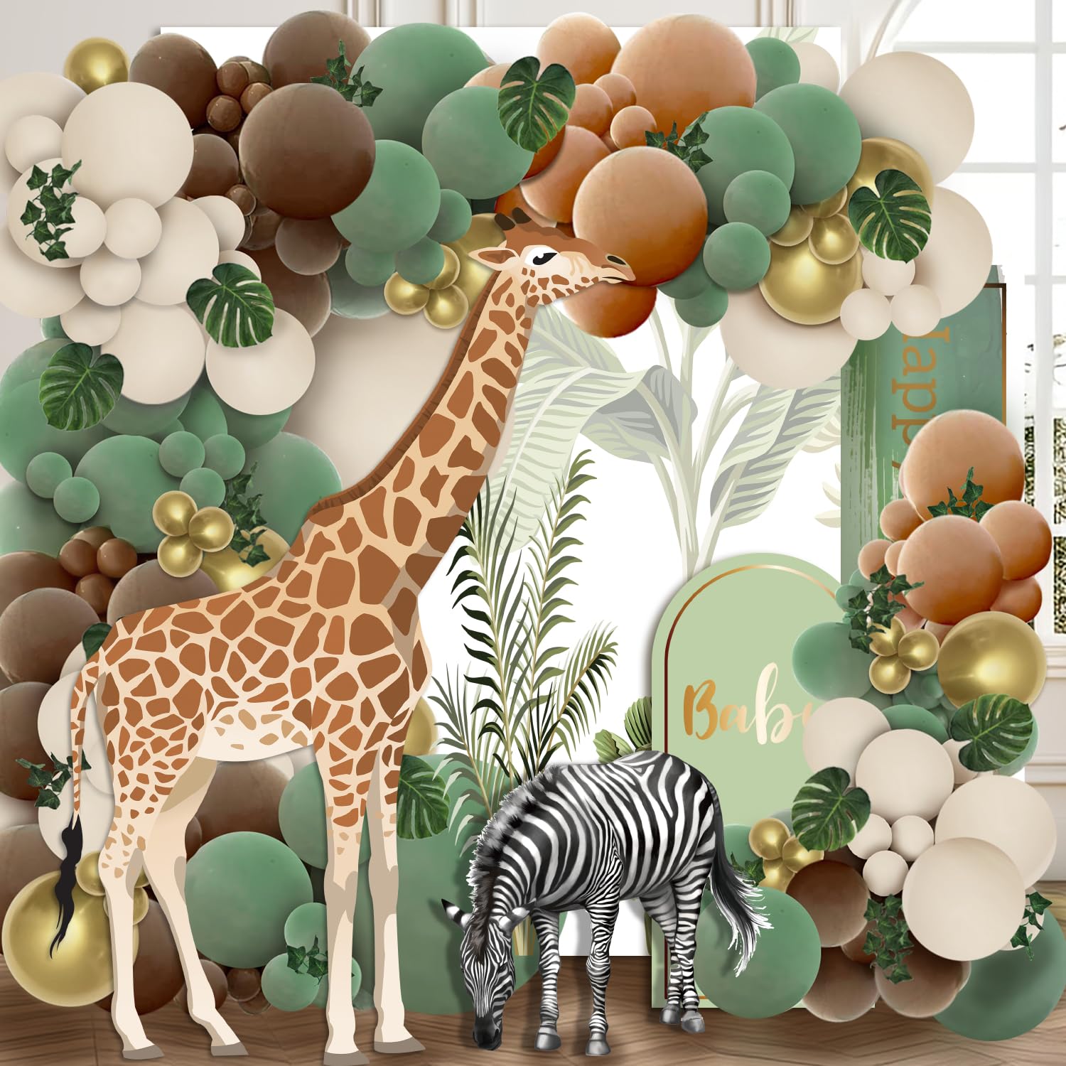 PERPAOL 148pcs Woodland Safari Jungle Wild One Balloon Garland Arch Kit Sage Green and Brown Sand white Balloons with Palm Leaves for Tropical Boho Birthday Party Supplies Baby Shower Decorations