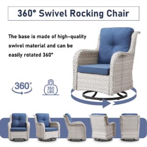 moosprr Patio Chairs Set, 5 PCS Furniture with Loveseat, Swivel Rocker Patio Chairs and 2 Wicker Ottoman, Light Grey / Blue, Casual/Tropical Style