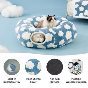 Lesure Cat Tunnel Bed for Indoor Cats - Cute Cat Donut Tunnel with Washable Circle Cushion, Round Pet Play Tunnel Toy for Kitten/Puppy/Rabbit,Blue