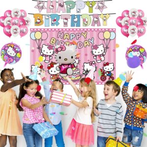 147Pcs Cartoon Cat Theme Party Supplies For Girls,Birthday Party Decorations,Includes banners, spirals, backdrops, tablecloths, plates, knives, forks and spoons, stickers, foil balloons, cake toppers