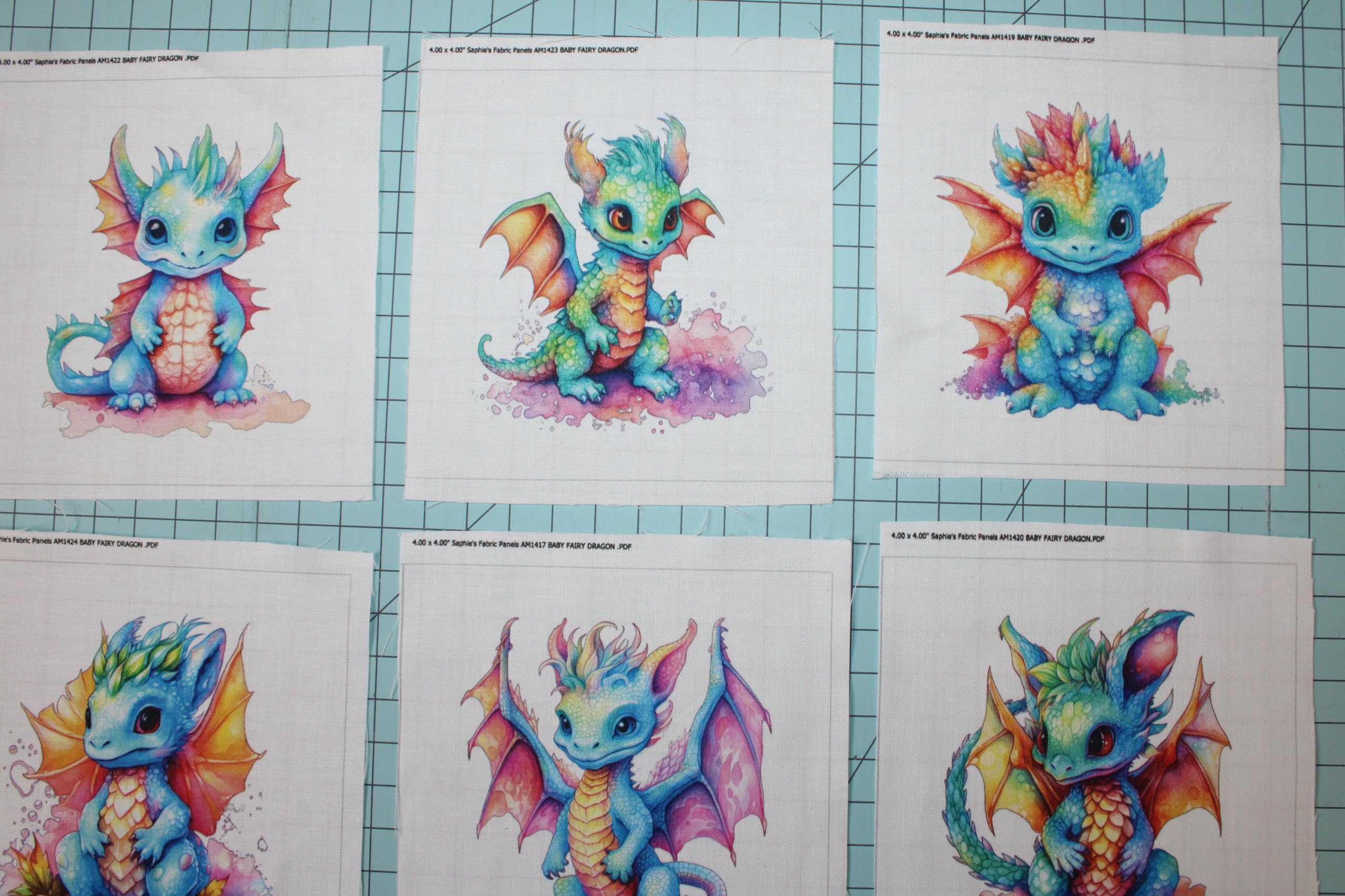 6 Piece 4"x4" Baby Dragons 100% Cotton Panel Squares - Quilting Sewing Panel Blocks AP2