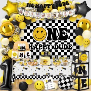 one happy dude 1st birthday decorations - lightning bolt one happy dude first birthday backdrop balloons arch box high chair banner birthday party idea for baby boys|girls