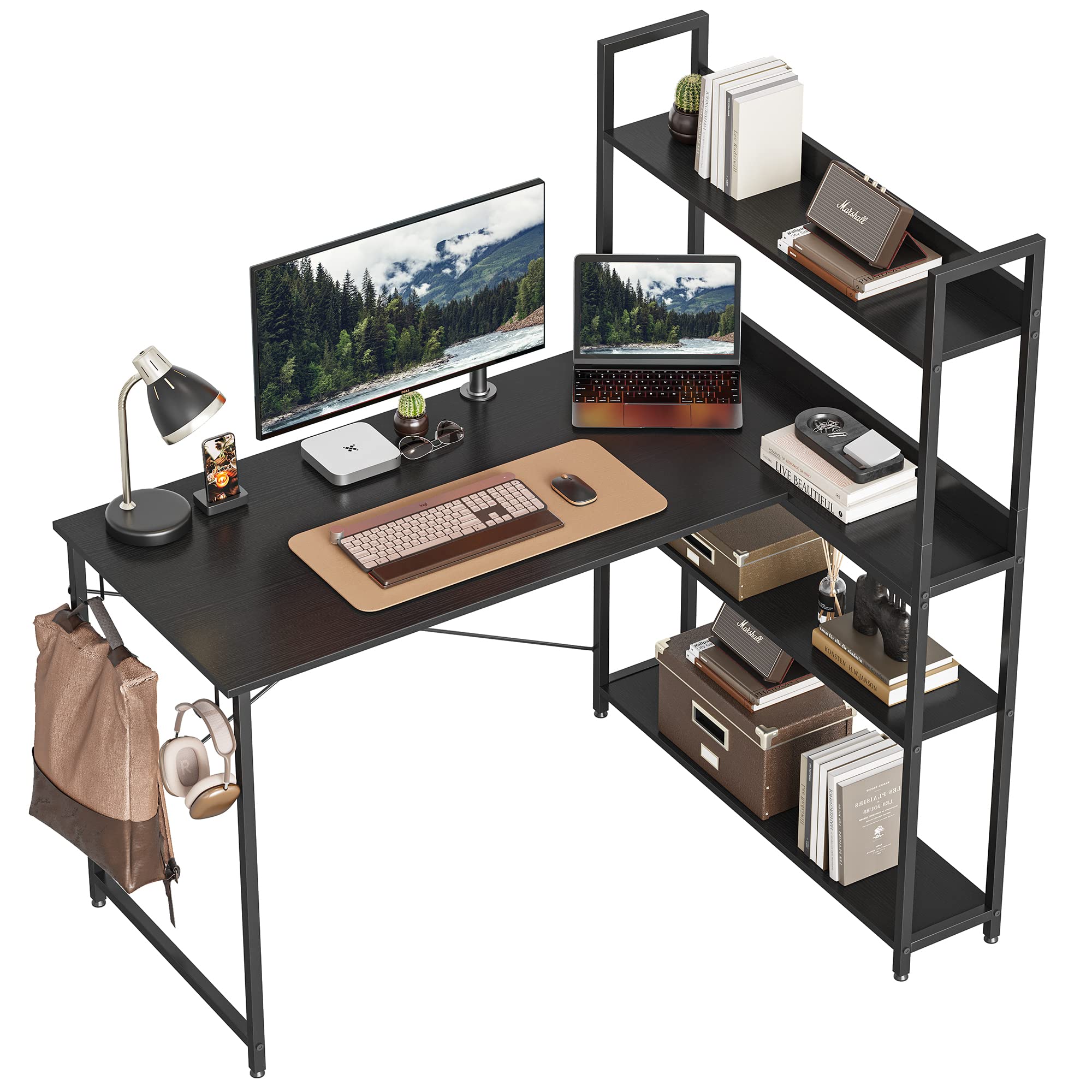 CubiCubi Computer Corner Desk with Storage Shelves, 47 Inch Reversible Small L Shaped Computer Desk, Home Office Writing Desk with 2 Hooks, Black