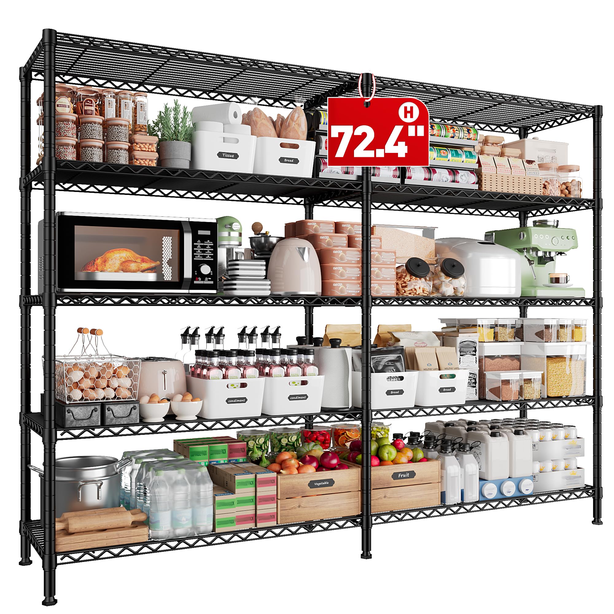 REIBII 1500LBS Storage Shelves 61.2''W Wire Shelving Unit 5 Tier Metal Shelving for Storage Rack Shelves for Storage Heavy Duty Garage Shelf Pantry Shelves Kitchen Shelving, 61.2''W*72.4''H*15.7" D