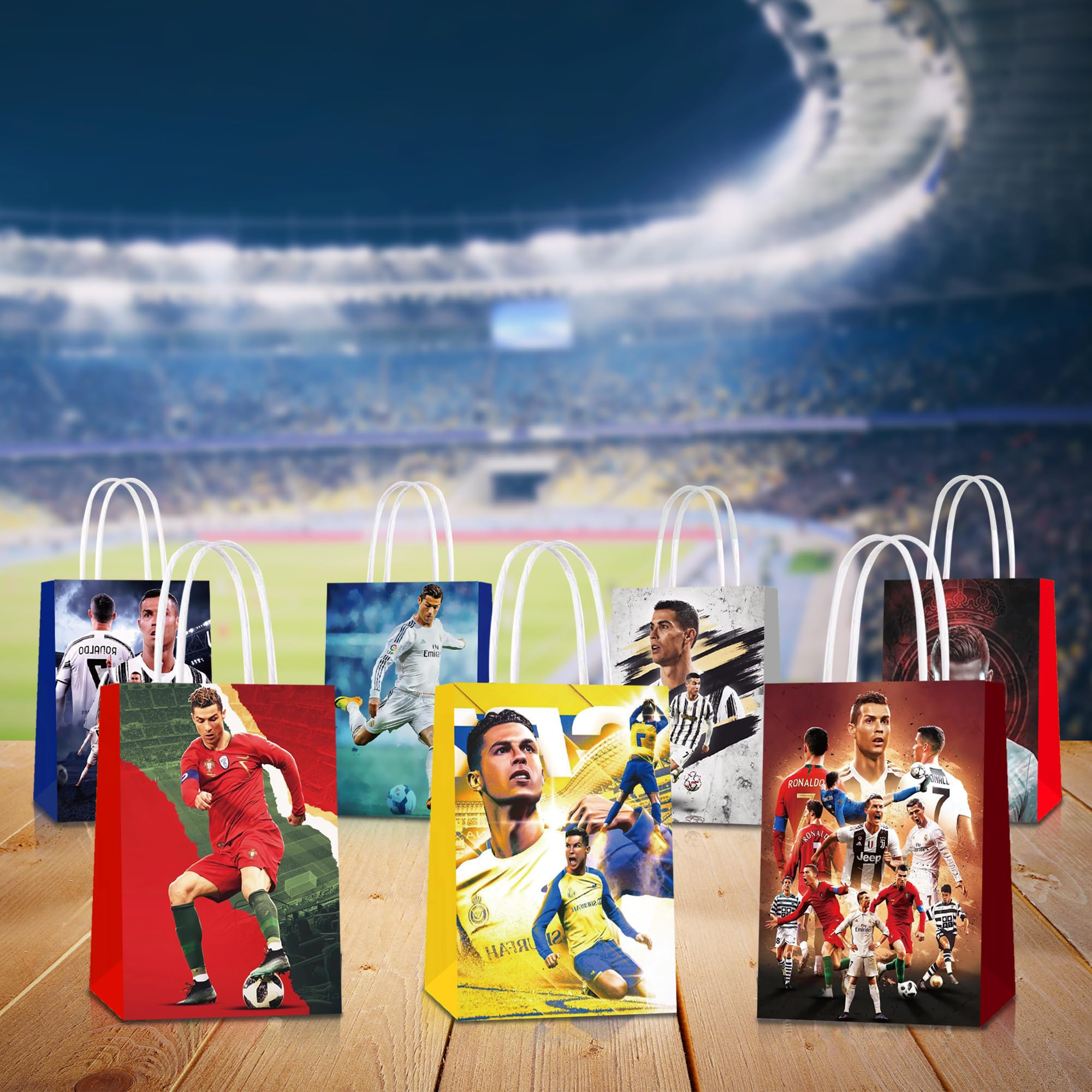 Mukity 24 Pcs Soccer Party Gift Bags - Soccer Party Supplies Candy Bags, Tote Bags, Gift Bags for Kids - Paper Favor Packs for Adults Birthday Party Decor - 12 Patterns