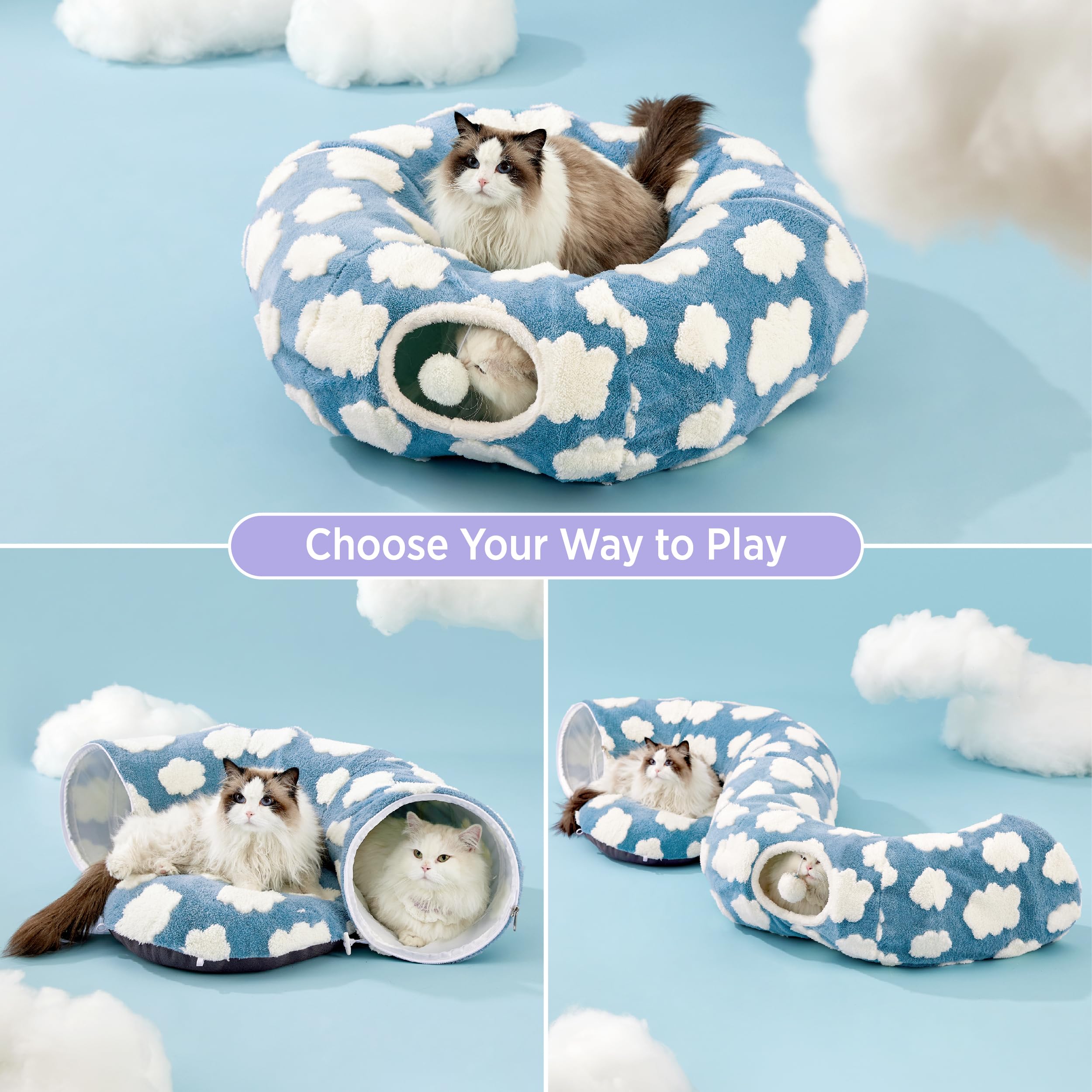 Lesure Cat Tunnel Bed for Indoor Cats - Cute Cat Donut Tunnel with Washable Circle Cushion, Round Pet Play Tunnel Toy for Kitten/Puppy/Rabbit,Blue