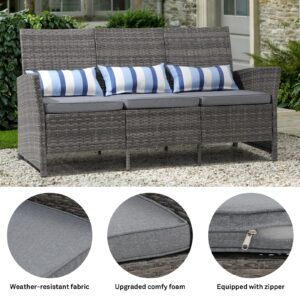 SUNSITT Outdoor Furniture 3 Seats Patio Couch, Outdoor Wicker Sofa, Grey PE Wicker with Grey Cushions & Lumbar Pillows, Porch, Backyard, Pool, Steel Frame