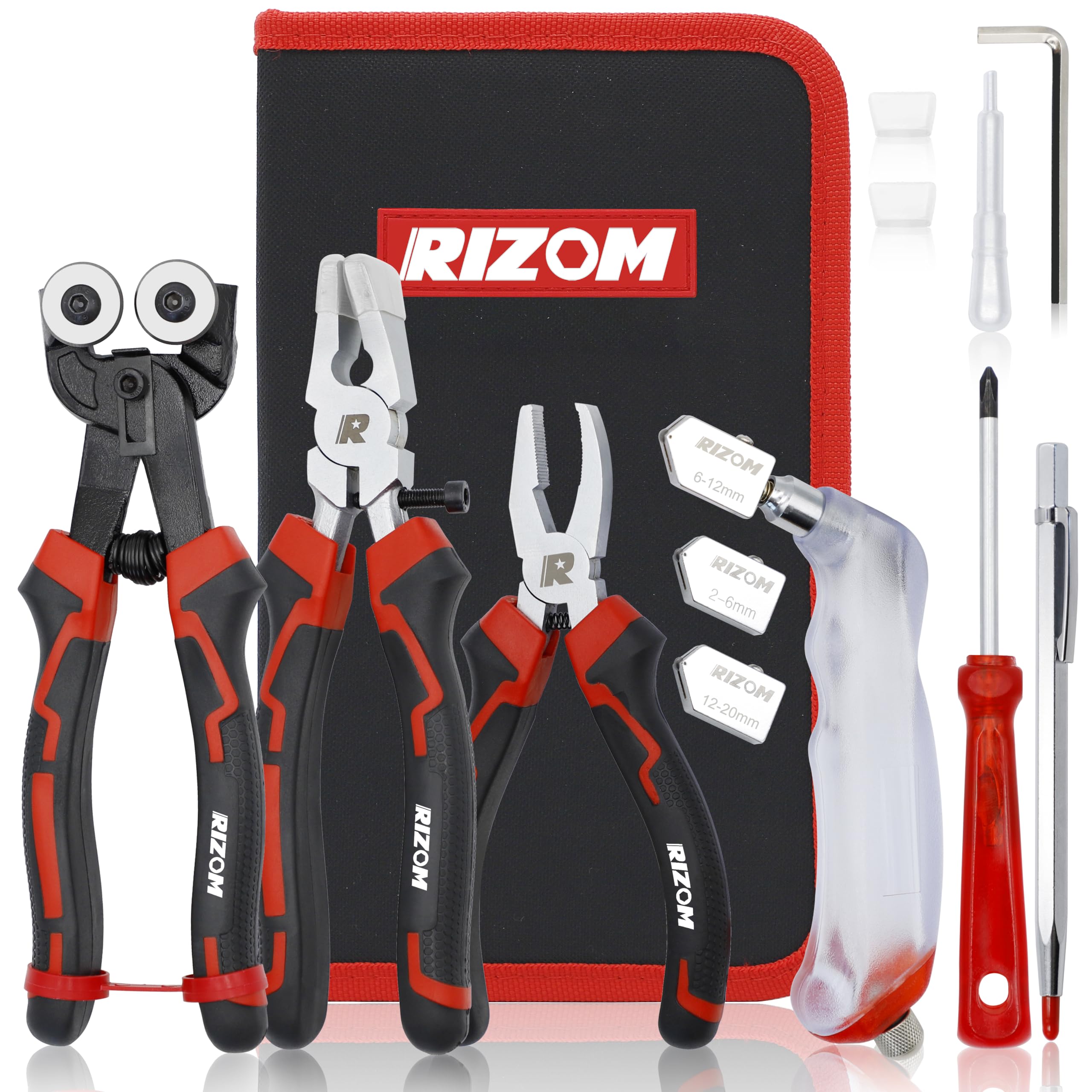 Rizom Glass Cutting Tool, Glass Cutter 2-20MM, 8" Tile Nippers, 8" Glass Running Pliers with Curved Jaws, 6" Breaker Grozer Pliers, Glass Cutter Kit for Stained Glass, Tiles, Mosaic Cutting