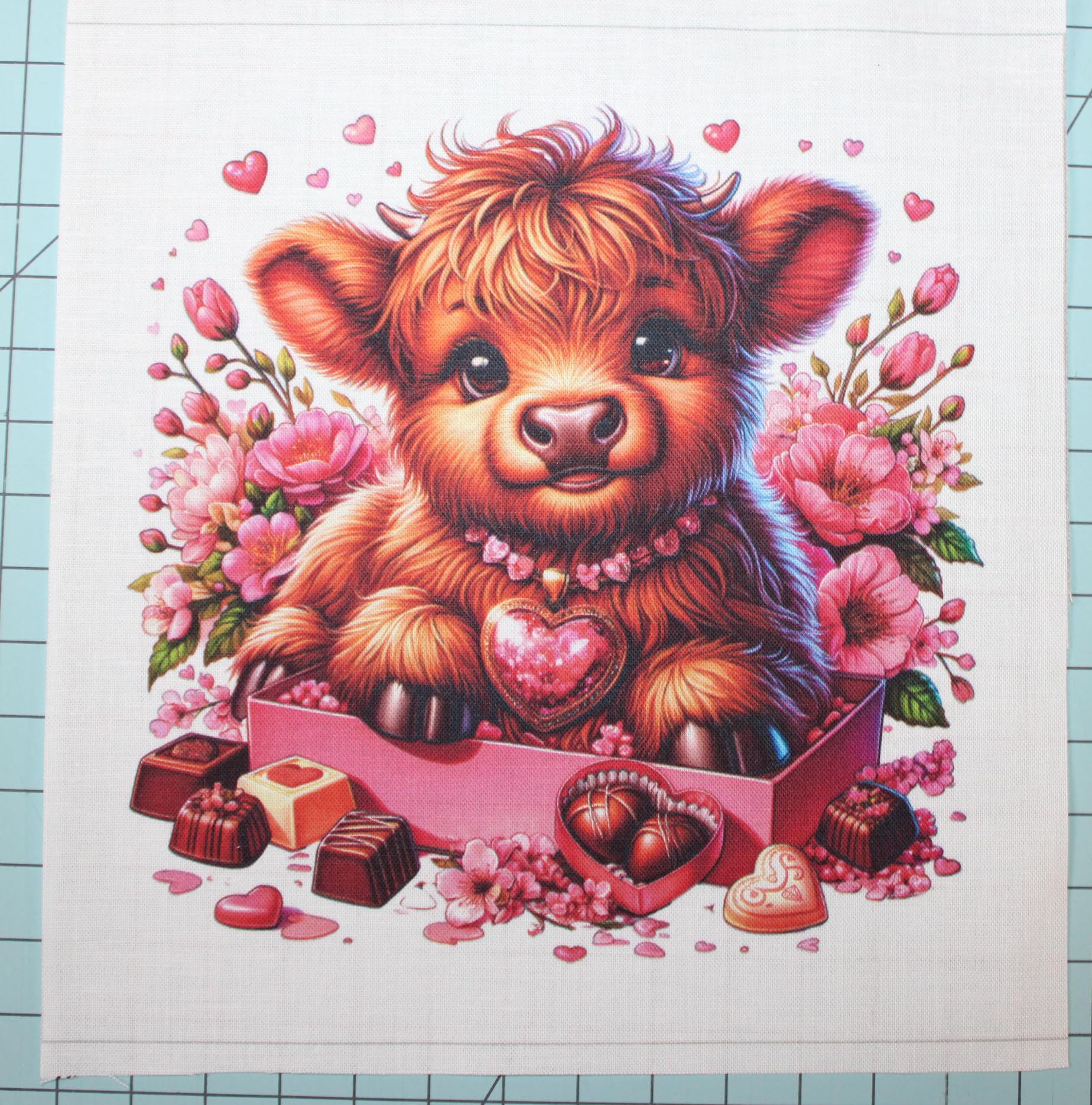 6 Piece 5"x5" Pink Valentine Baby Highland Cows 100% Cotton Fabric Panel Squares - Quilting Panel Blocks