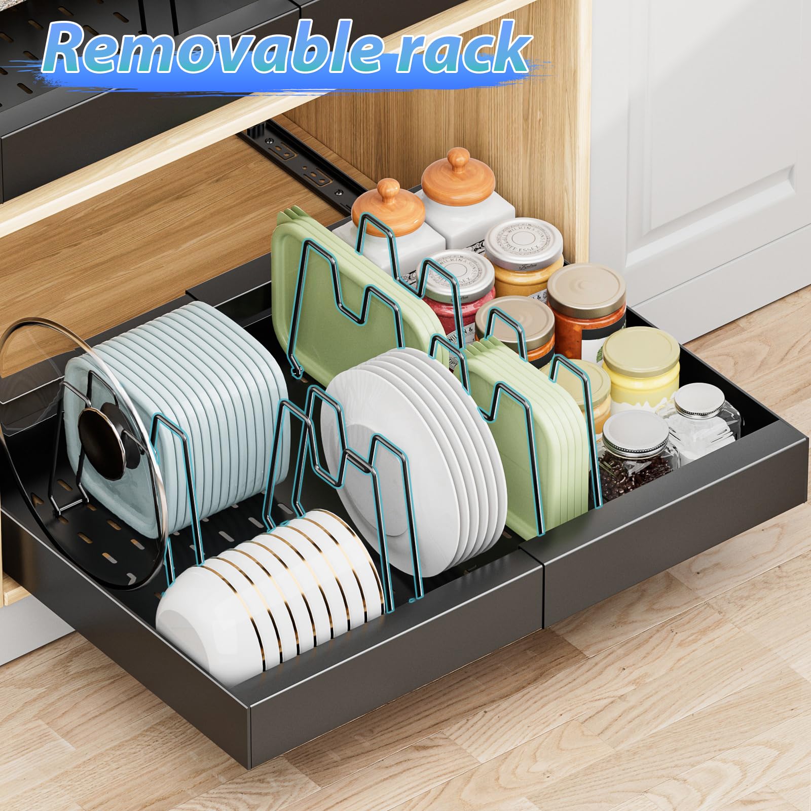 OVICAR Pull Out Cabinet Organizer - Expandable Slide Out Drawers Adhesive Heavy Duty Storage Drawer Shelf with 4pcs Divider Racks for Kitchen Pantry Bathroom Home, 12.2"-20.7" Width, Black