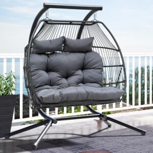 YITAHOME Hanging Egg Swing Chair with Stand Egg Chair Wicker Indoor Outdoor Hammock Egg Chair with Cushions 550lbs for Patio, Bedroom, Garden and Balcony, Dark Gray(Stand Included)