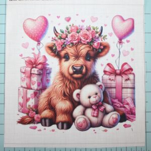 6 Piece 5"x5" Pink Valentine Baby Highland Cows 100% Cotton Fabric Panel Squares - Quilting Panel Blocks