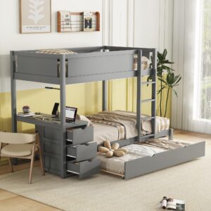 citylight twin over twin bunk beds with desk and storage drawers, wood bunk beds with trundle, twin bunk bed with charging station for kids teens, girls boys, grey