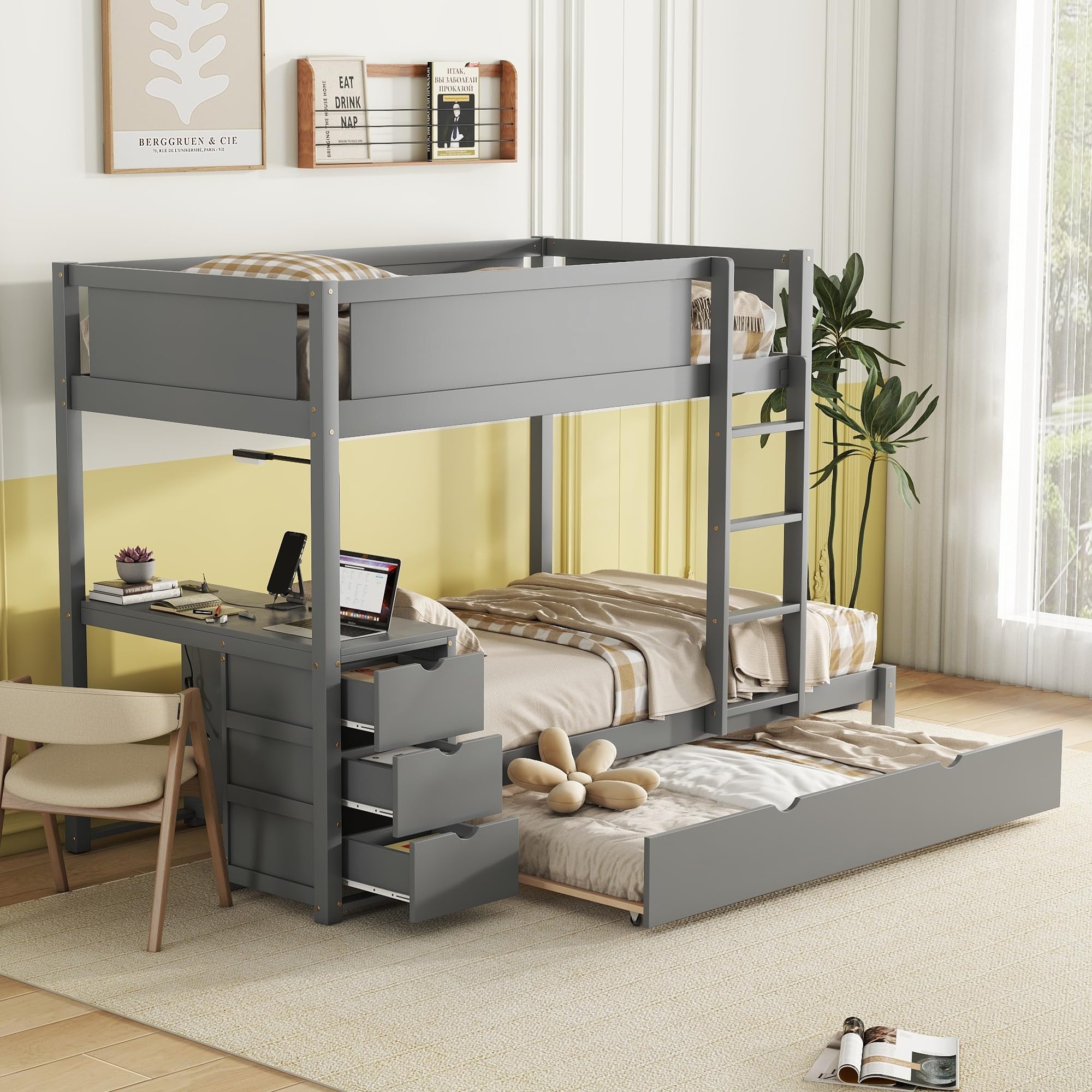 CITYLIGHT Twin Over Twin Bunk Beds with Desk and Storage Drawers, Wood Bunk Beds with Trundle, Twin Bunk Bed with Charging Station for Kids Teens, Girls Boys, Grey