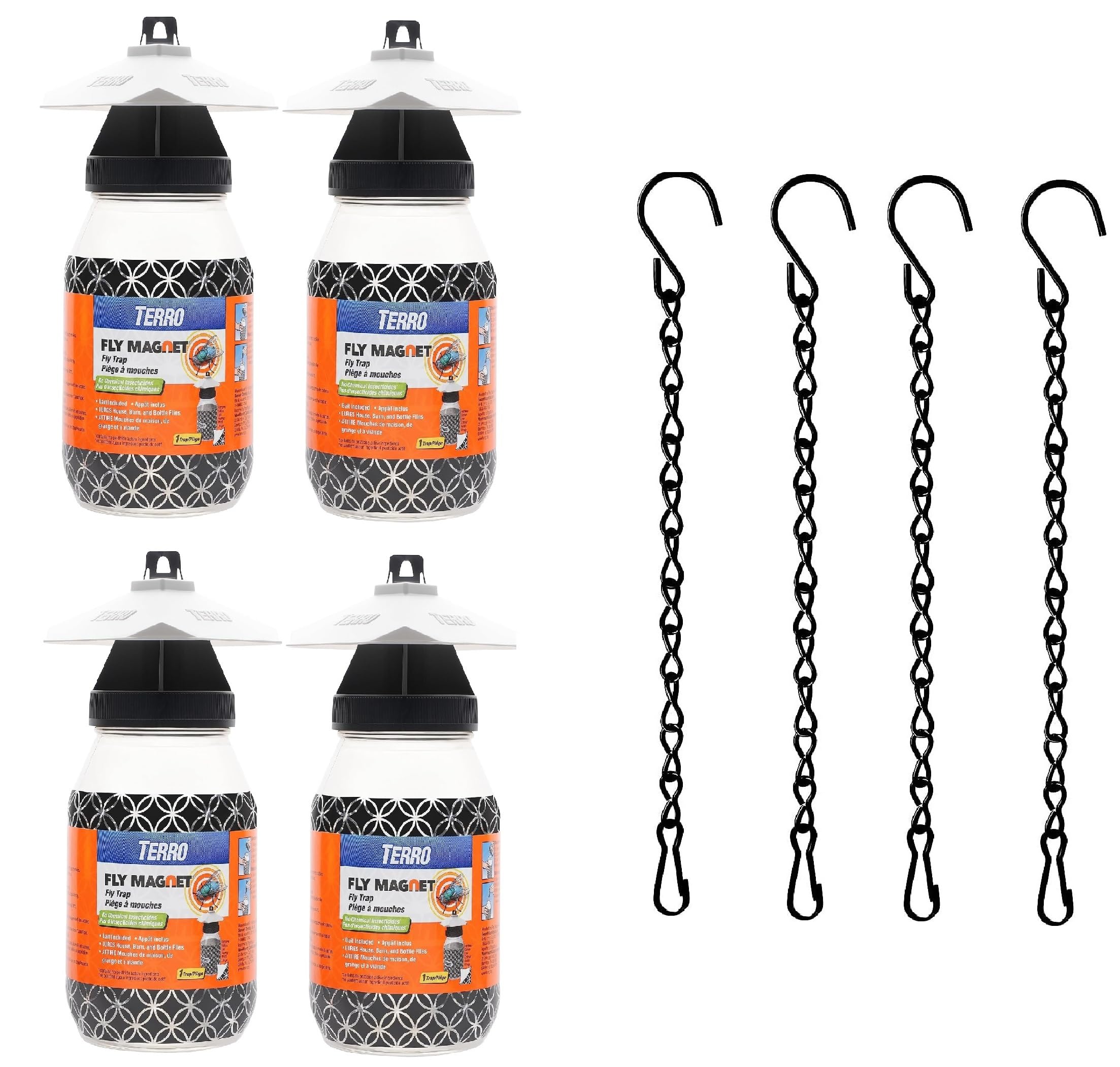 4 Pack of TERRO Fly Magnet, Reusable Fly Trap - Includes 4 Fly Bait Packet and Heavy Duty 9.5 PLEXON Hanging Chain (4 Traps)