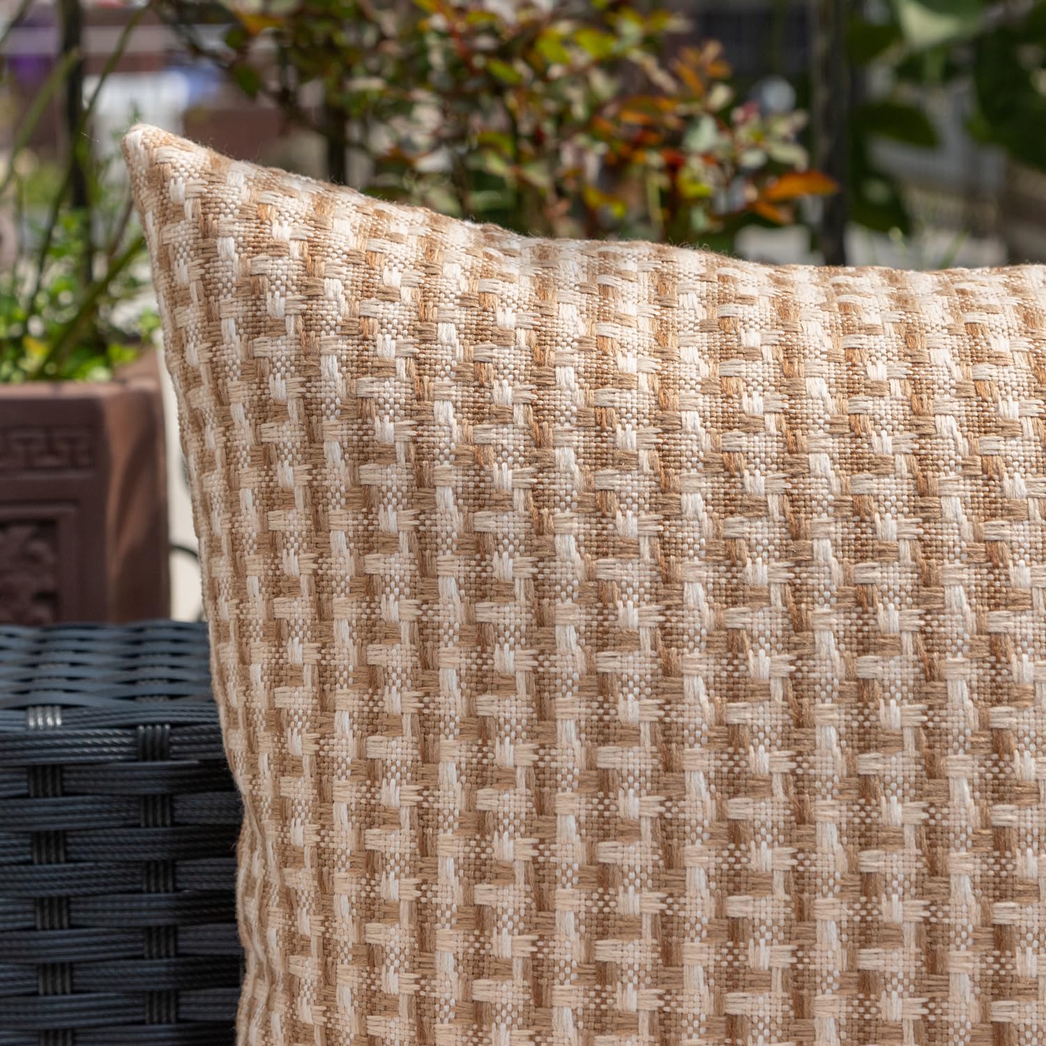 Kevin Textile Outdoor Waterproof Throw Pillow Covers Pack of 2 Weaving Texture Water Resistant Outside Decorative Cushion Covers for Garden Patio Tent Balcony Bench Couch Sofa 18x18 Inch, Light Brown