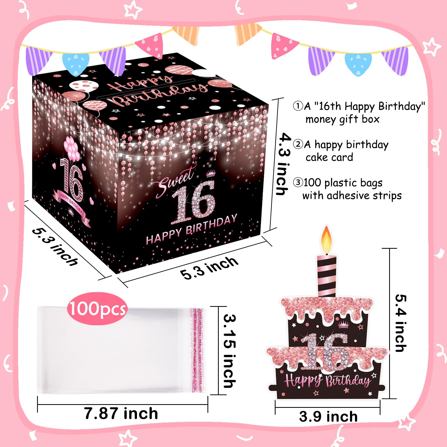 Meiidoshine Sweet 16th Birthday Money Box for Cash Gift, Surprise Pull Out Money Gift Box with 100Pcs Transparent Bags - Fun Ways to Give Cash as A 16th Birthday Gift for Girls