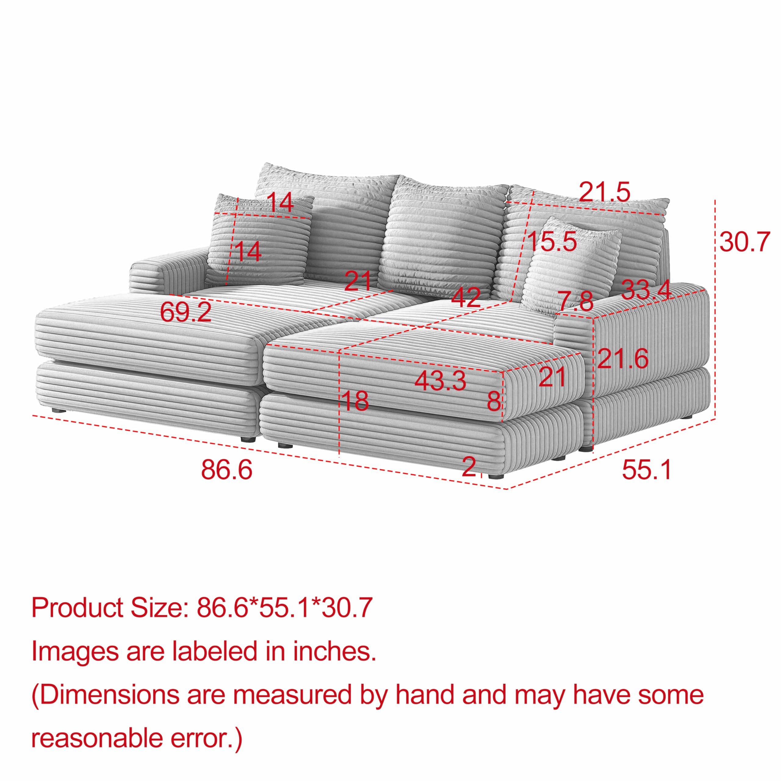 HanStrong Sleeper Sofa Bed 86.6" Sectional Sofa Couch, Modern 3 Seater Corduroy Sofa with Back Pillows, 2 Toss Pillows and 2 Ottoman, Comfy Upholstered Sofa Deep Seat Couch for Living Room, Beige