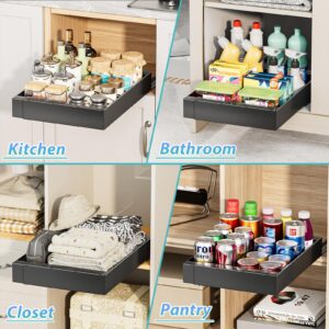 OVICAR Pull Out Cabinet Organizer - Expandable Slide Out Drawers Adhesive Heavy Duty Storage Drawer Shelf with 4pcs Divider Racks for Kitchen Pantry Bathroom Home, 12.2"-20.7" Width, Black