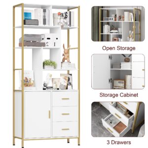 BOTLOG 71.2 Inch Tall Bookshelf, Bookcase with Door and 3 Drawers, Floor Standing Display Storage Shelves for Home Office, Living Room