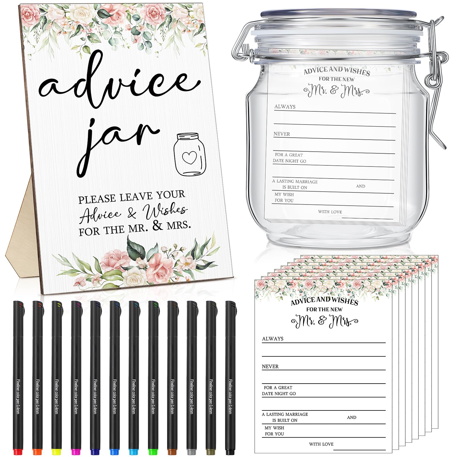 Sintuff 114 Pieces Floral Theme Bridal Shower Party Decor for Guest Include Advice and Wishes for The Mr and Mrs Wedding Advice Sign with Holder 100 Advice and Wishes Cards 12 Pens 1 Pet Jar