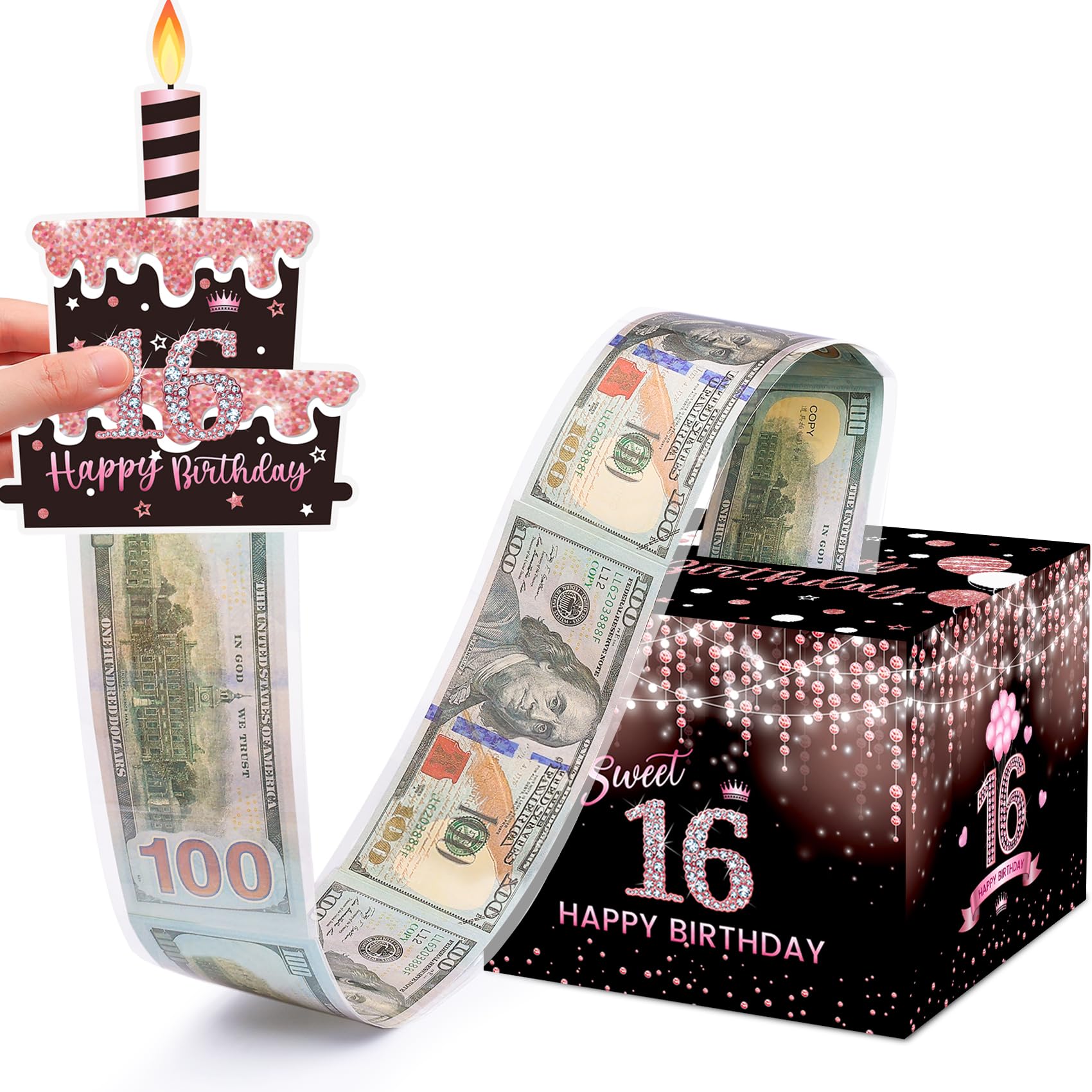 Meiidoshine Sweet 16th Birthday Money Box for Cash Gift, Surprise Pull Out Money Gift Box with 100Pcs Transparent Bags - Fun Ways to Give Cash as A 16th Birthday Gift for Girls