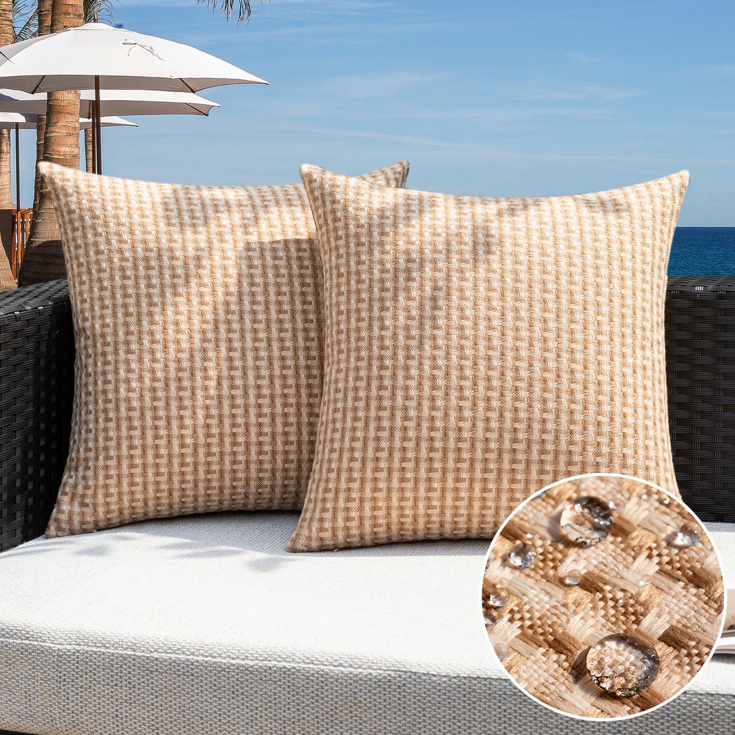 Kevin Textile Outdoor Waterproof Throw Pillow Covers Pack of 2 Weaving Texture Water Resistant Outside Decorative Cushion Covers for Garden Patio Tent Balcony Bench Couch Sofa 18x18 Inch, Light Brown