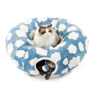 lesure cat tunnel bed for indoor cats - cute cat donut tunnel with washable circle cushion, round pet play tunnel toy for kitten/puppy/rabbit,blue