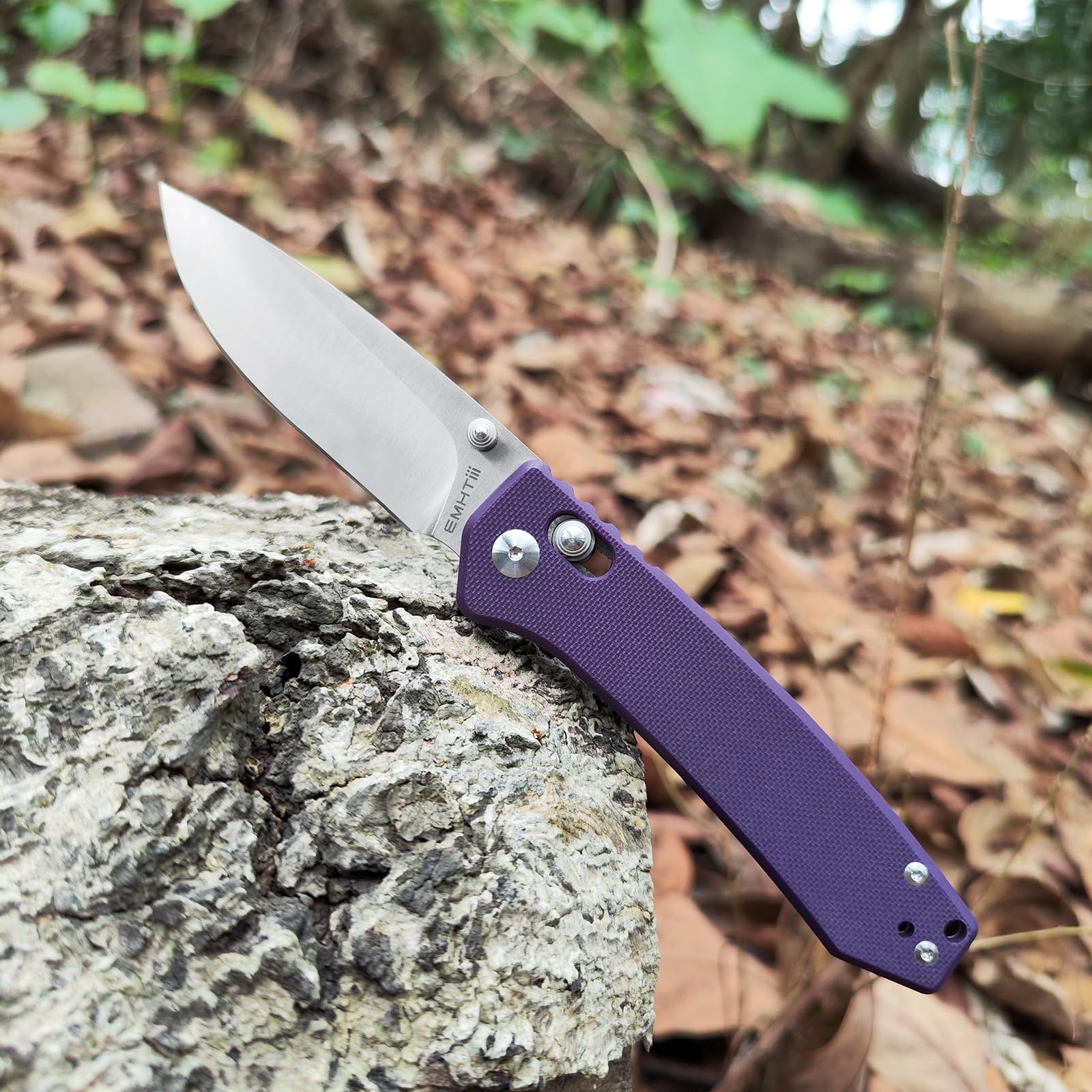 EMHTiii Pocket Folding EDC Knife: 3.14" D2 Steel Satin Sharp Blade, G10 Scales, Crossbar Axis Lock, Reversible Clip, Great Gifts for Men Women Camping Hiking Outdoor, Purple