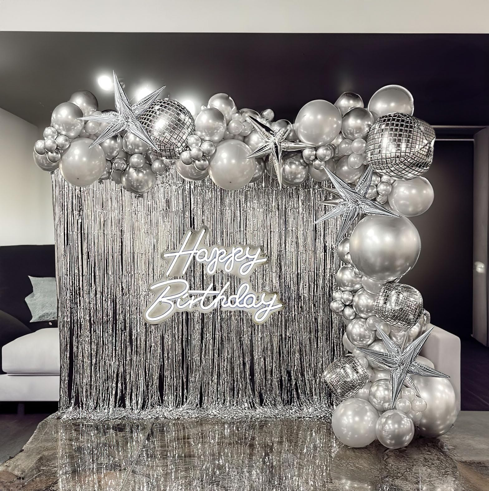 yeewaka silver disco party balloon garland arch kit 140cs with disco ball star mylar balloon for disco theme Birthday party graduation prom decorations