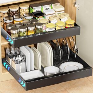 ovicar pull out cabinet organizer - expandable slide out drawers adhesive heavy duty storage drawer shelf with 4pcs divider racks for kitchen pantry bathroom home, 12.2"-20.7" width, black