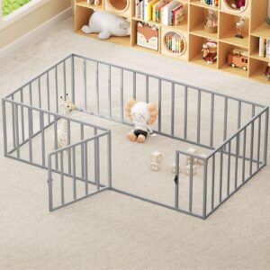 ROOMTEC Montessori Twin Floor Bed Frame Metal 77×41×21 with Fence and Door Easy Assembly for Bedroom Playroom