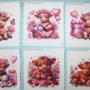 6 Piece 5"x5" Pink Valentine Baby Highland Cows 100% Cotton Fabric Panel Squares - Quilting Panel Blocks