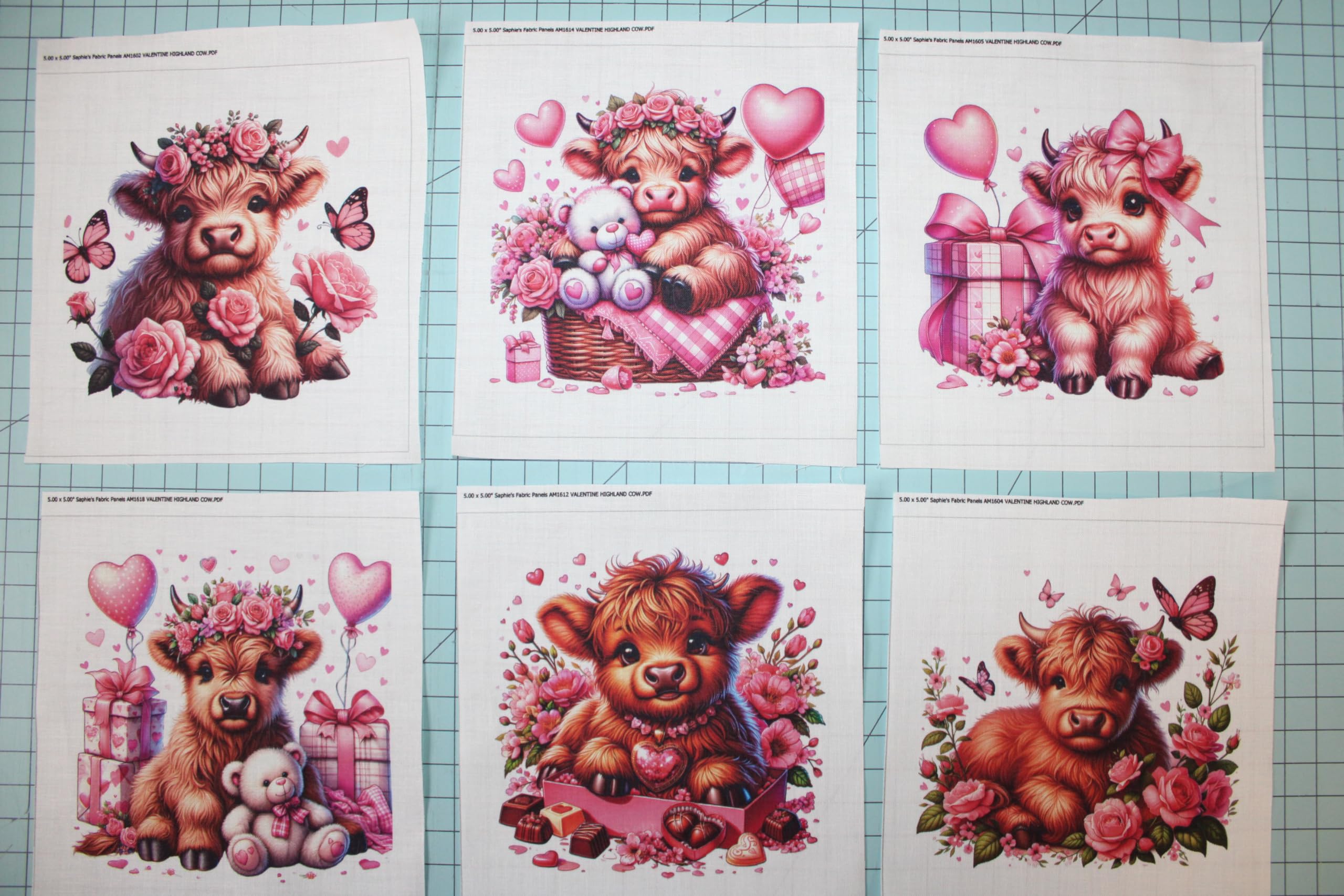 6 Piece 5"x5" Pink Valentine Baby Highland Cows 100% Cotton Fabric Panel Squares - Quilting Panel Blocks