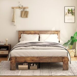 nnootk king size bed frame, rustic vintage platform bed frame with wood headboard and footboard, 12 wood slats support, no box spring needed (dark brown, king)