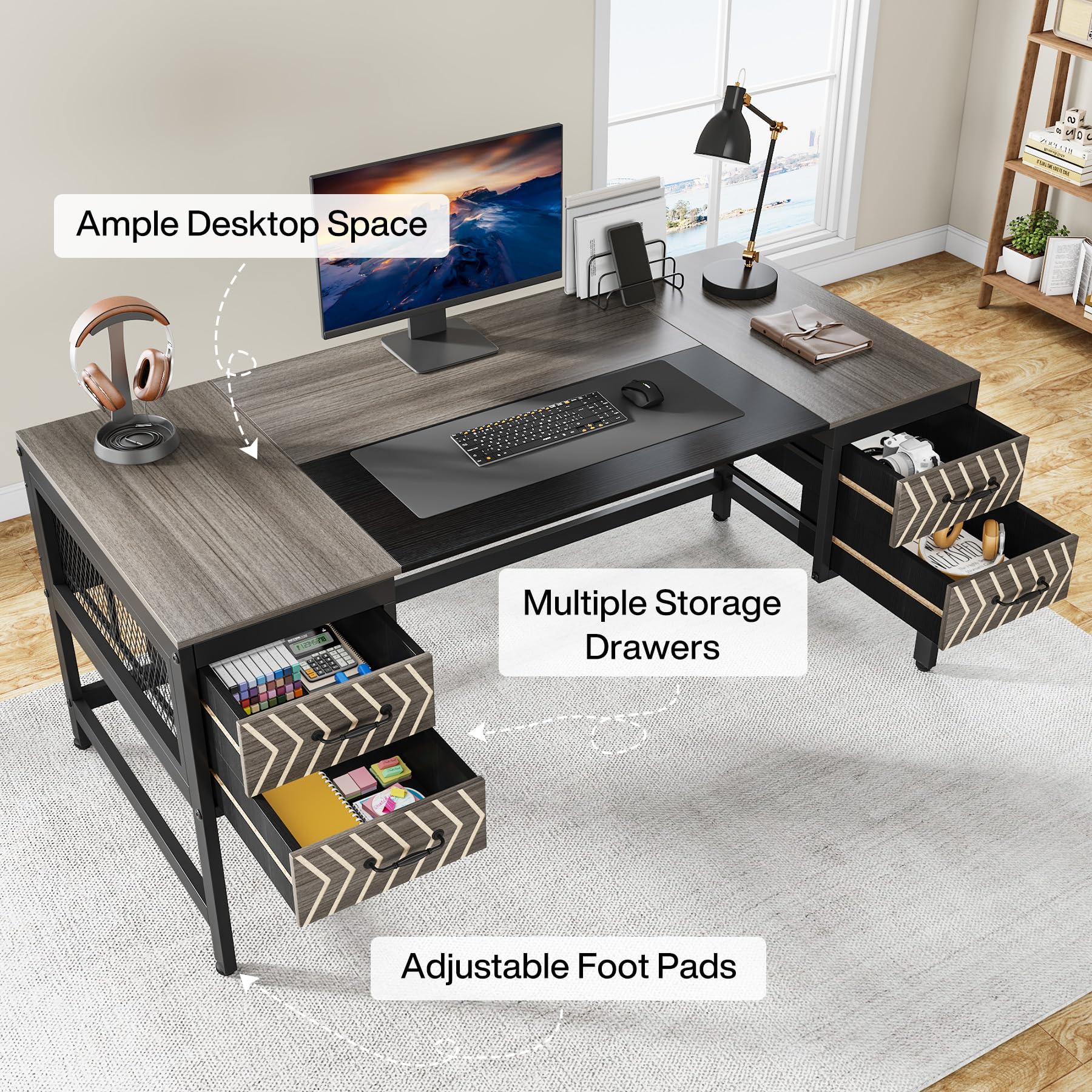 Tribesigns Home Office Desk with Drawers: 63" Computer Executive Desk with 4 Storage Drawers, Wood Farmhouse Study Writing Table, Herringbone Business Furniture for Home Office