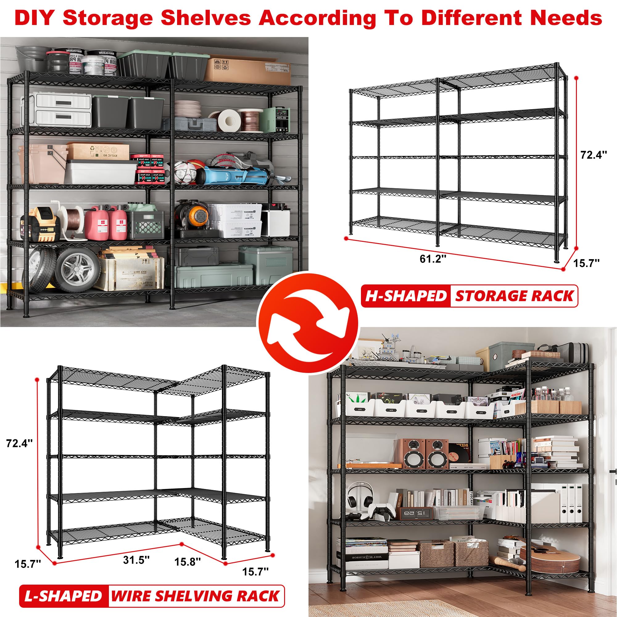 REIBII 1500LBS Storage Shelves 61.2''W Wire Shelving Unit 5 Tier Metal Shelving for Storage Rack Shelves for Storage Heavy Duty Garage Shelf Pantry Shelves Kitchen Shelving, 61.2''W*72.4''H*15.7" D