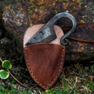 VikingsBrand - Hand Forged Viking-styled Knife (Leather Sheath) | Unique Gifts for Men and History Lovers | Damascus Steel Celtic Knife with Leather Necklace Cord | (Brown Leather Sheet)