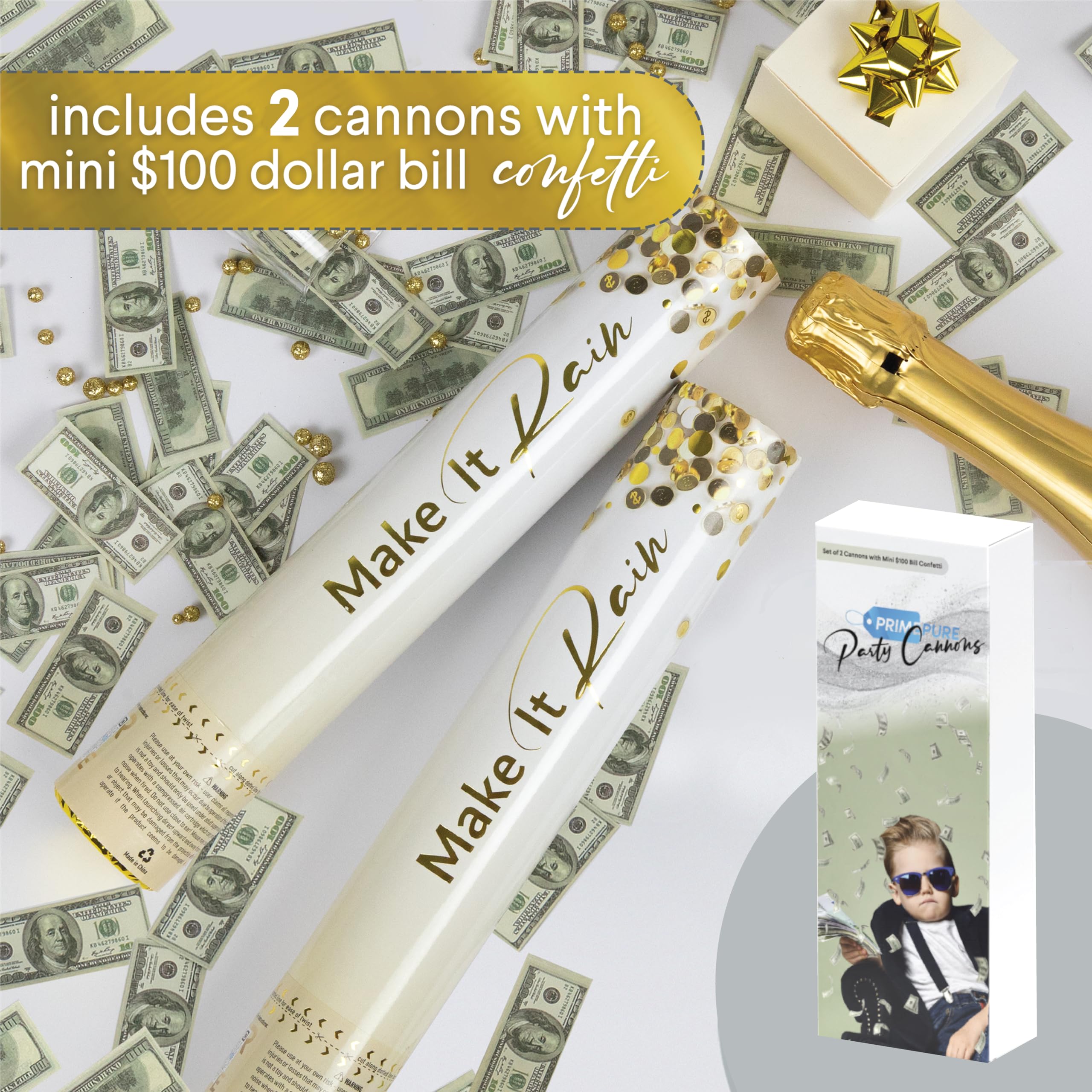 2 Pack Money Confetti Cannon Confetti Poppers | New Years Eve Party Supplies 2025 | Party Poppers Confetti Shooter for Decoration, Celebration, Birthday, Photoshoot | 100 Dollar Bills Confetti Gun