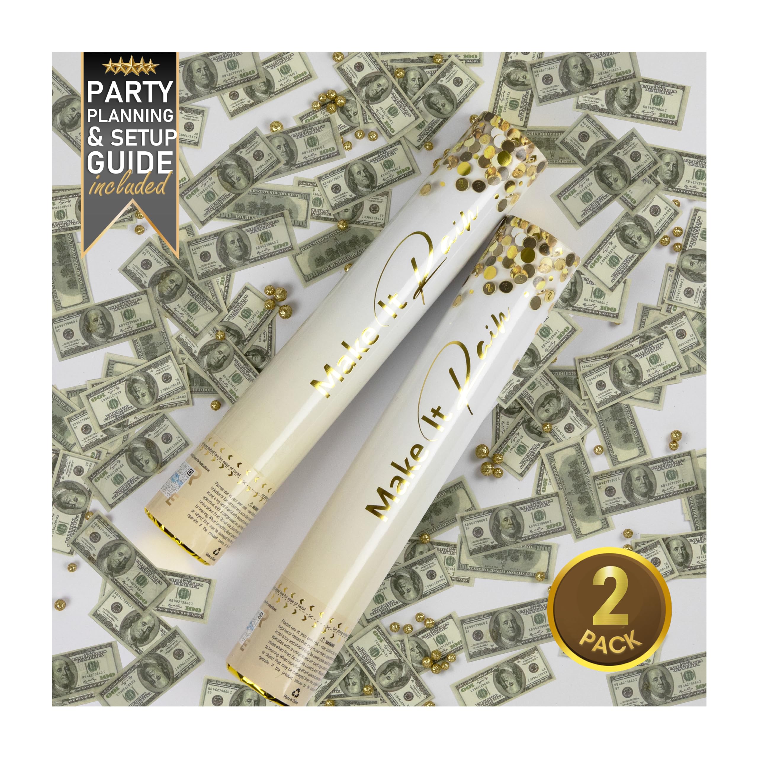 2 Pack Money Confetti Cannon Confetti Poppers | New Years Eve Party Supplies 2025 | Party Poppers Confetti Shooter for Decoration, Celebration, Birthday, Photoshoot | 100 Dollar Bills Confetti Gun