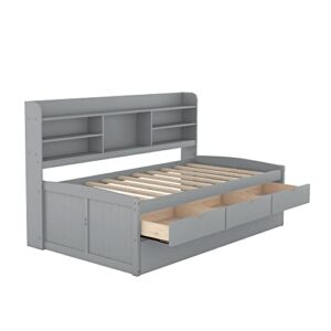 BOVZA Twin Size Captain Bed with 3 Storage Drawers and Trundle, Wood Twin Bed Frame with Built-in Bookshelves for Kids Teens Adults, Light Gray