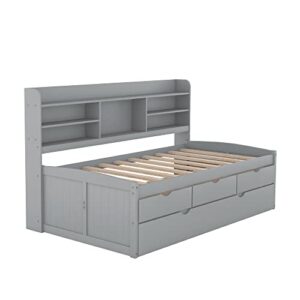 BOVZA Twin Size Captain Bed with 3 Storage Drawers and Trundle, Wood Twin Bed Frame with Built-in Bookshelves for Kids Teens Adults, Light Gray