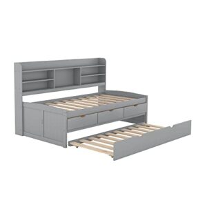 BOVZA Twin Size Captain Bed with 3 Storage Drawers and Trundle, Wood Twin Bed Frame with Built-in Bookshelves for Kids Teens Adults, Light Gray