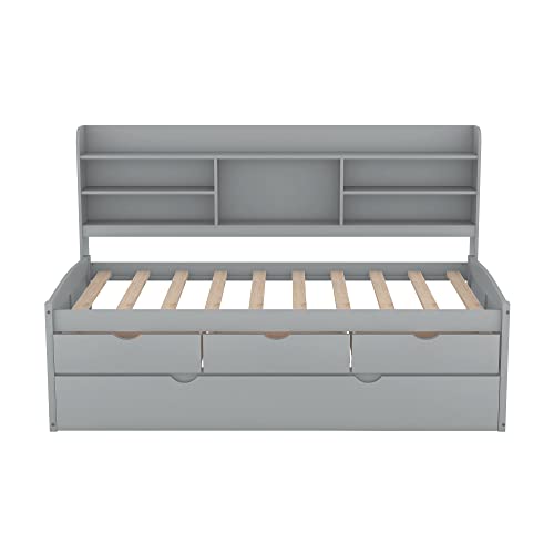 BOVZA Twin Size Captain Bed with 3 Storage Drawers and Trundle, Wood Twin Bed Frame with Built-in Bookshelves for Kids Teens Adults, Light Gray