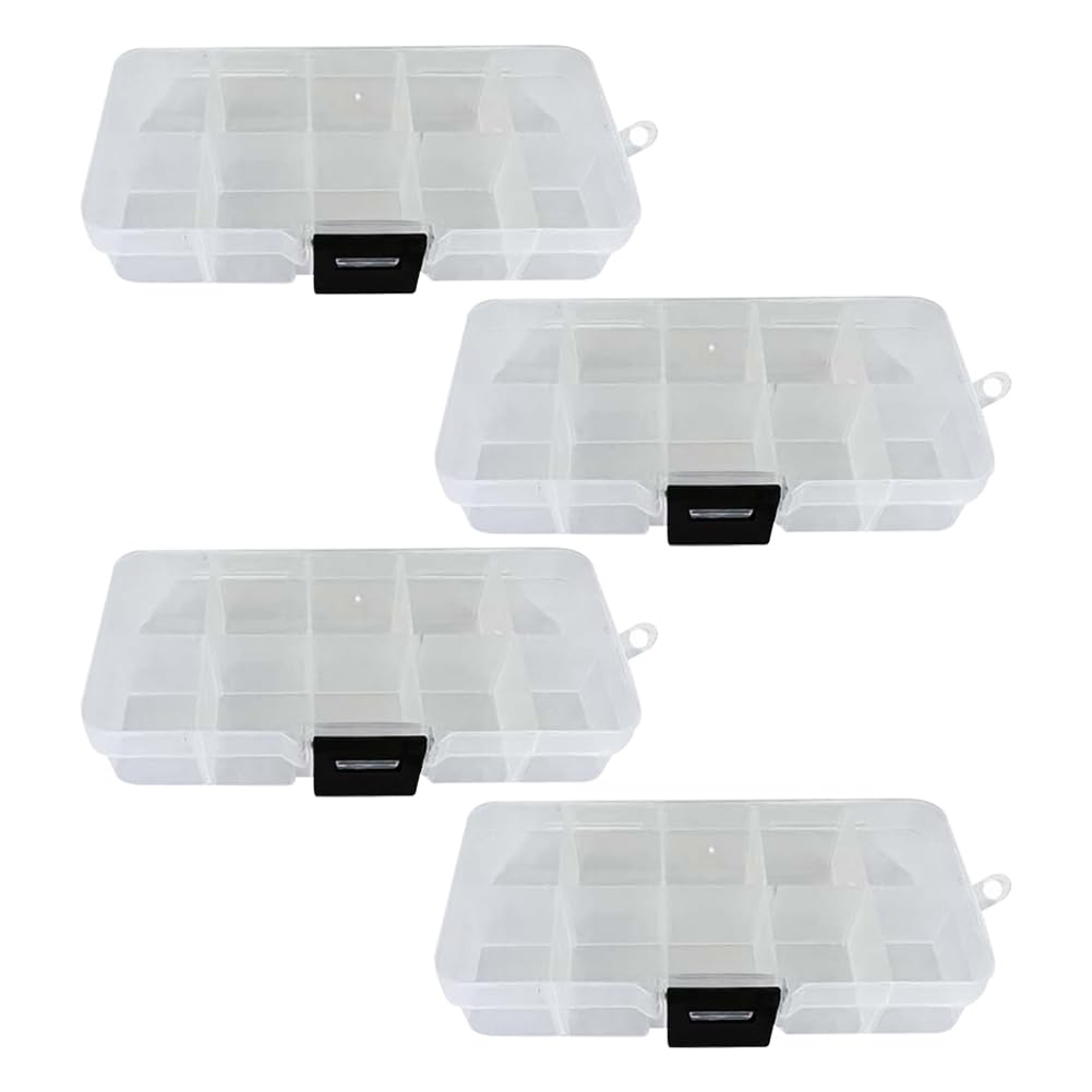 ccHuDE 4 Pcs 10 Grids Removable Plastic Jewelry Boxes Clear Bead Storage Boxes Small Item Organizer Boxes Adjustable Divider Boxes Containers for Craft Clear Black