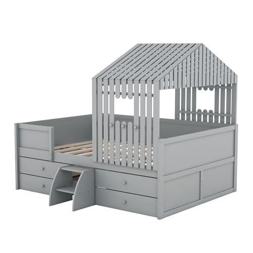 BOVZA Kids Full Size House Low Loft Bed with 4 Storage Drawers, Wood Playhouse Bed with Roof, Stairs and Safety Guardrail, for Kids Boys Girls Teens Bedroom, Gray