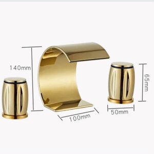 VimrOd Basin Faucet Basin Faucet, 3 Holes Double Handles Bathroom Waterfall Faucet, Three Pieces Bathroom Bathtub Faucet Mixer Taps (Brush Gold)