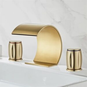 vimrod basin faucet basin faucet, 3 holes double handles bathroom waterfall faucet, three pieces bathroom bathtub faucet mixer taps (brush gold)