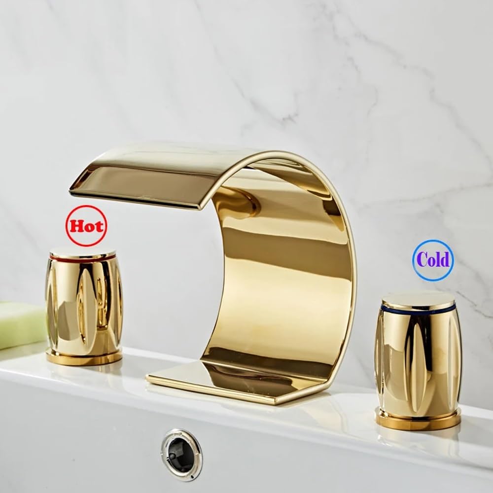 VimrOd Basin Faucet Basin Faucet, 3 Holes Double Handles Bathroom Waterfall Faucet, Three Pieces Bathroom Bathtub Faucet Mixer Taps (Brush Gold)